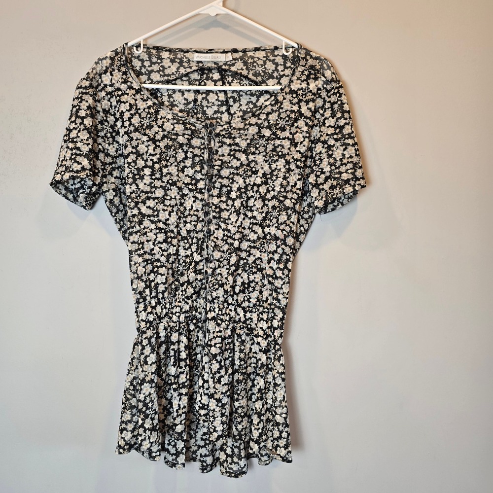 Michelle Belau Blouse Womens Small Black Gray Cream Floral